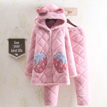 Winter sweet lady hooded coral velvet padded padded pajamas long casual home clothes flannel set
