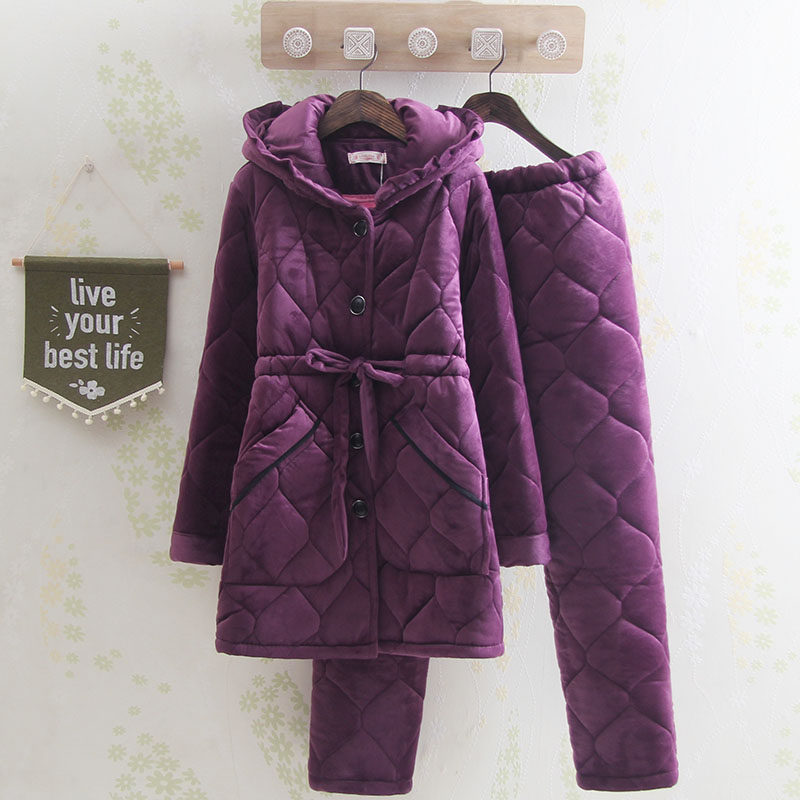 Solid color winter mid-length thickened coral fleece quilted hooded pajamas middle-aged mother confinement clothes pregnant women home clothes