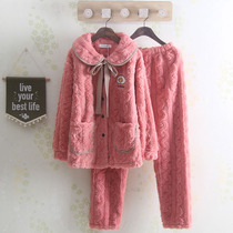 Pajamas women autumn and winter ladies long sleeves simple solid color padded velvet coral velvet flannel home suit women