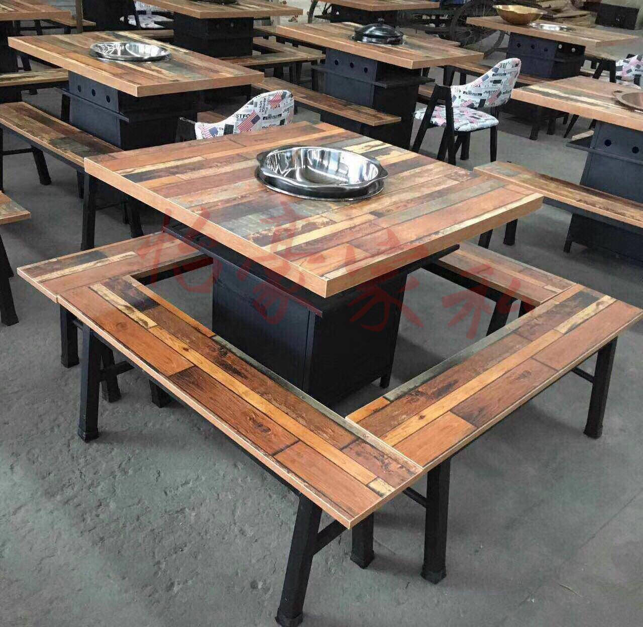 Retro personality theme solid wood board deck dining room special music sofa hot pot grilled fish shop table and chair combination