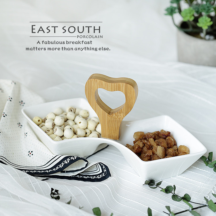 European-style underglaze color export pure white ceramic 2-grid snack plate with hand-held fruit snacks cold dishes divided grid dried fruit