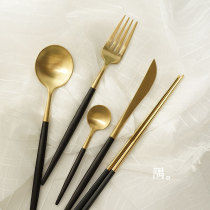 Nordic Minimalist Western Style Creative Western Dining Cutlery Black Handle Golden Silver Knife Fork Spoon Chopsticks Cutlery High Quality