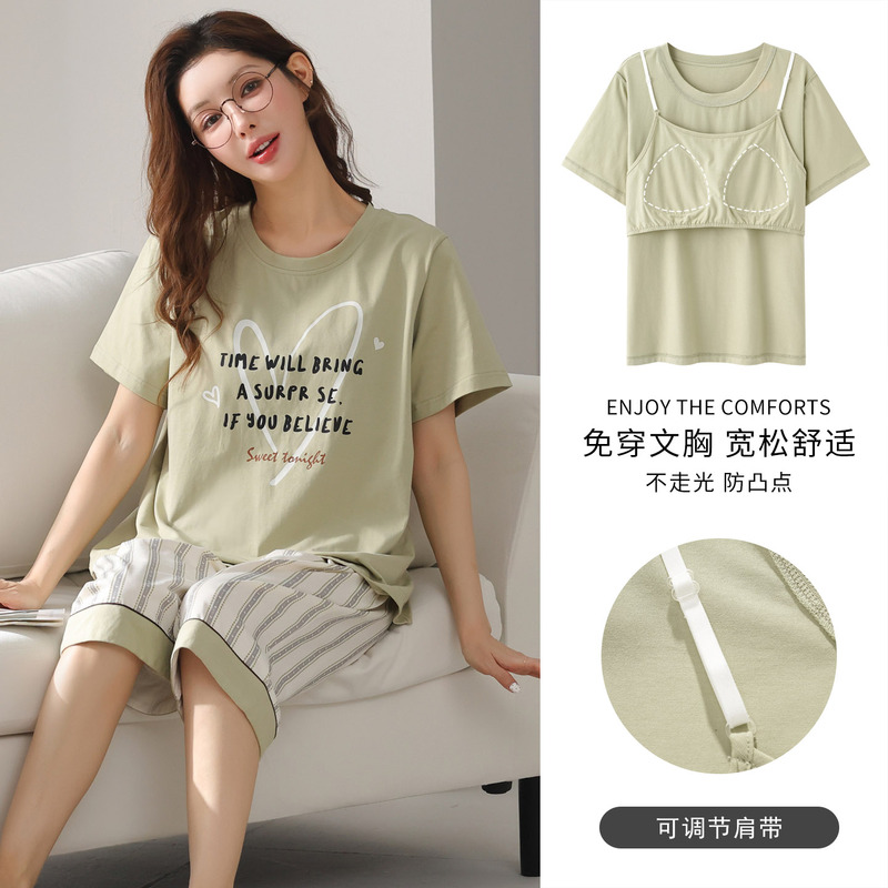 100% Pure Cotton Summer Women's Pajamas with Chest Pads, Short-Sleeved Cropped Pants, Thin Loungewear Set with Adjustable Shoulder Straps