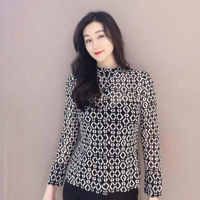 Same Style as in the Mall, Gejia 2025 Summer New Slim Fit Stand Collar Plaid Mesh Long Sleeve Shirt Base Shirt 1300117