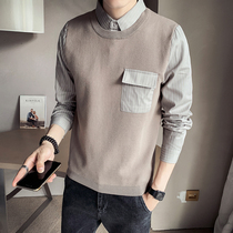 Spring and autumn mens suit collar sweater Korean version of the trend wild fake two-piece top slim thickening outside wear knitwear