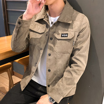 2021 spring and autumn mens jacket Japanese simple and handsome tooling denim jacket short solid color lapel jacket tide