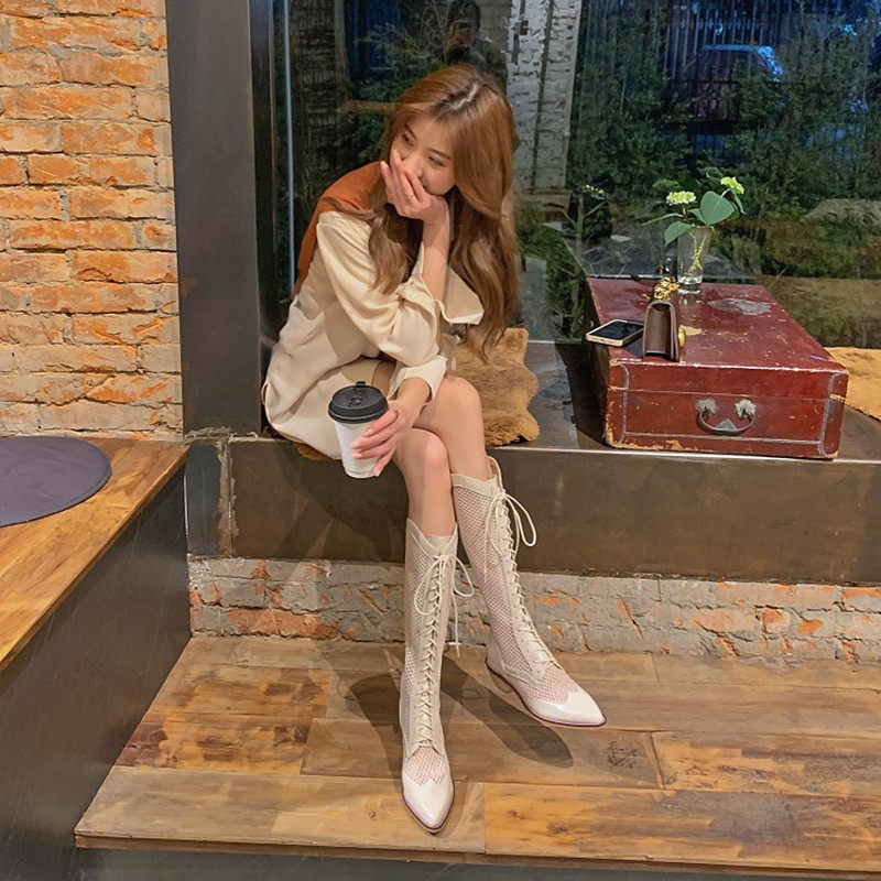 Sexy pointed toe hollow mesh boots women's summer slim leather long boots thick heel white strap high mesh boots - Taobao