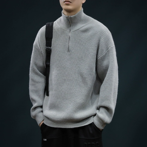 Демисезонный кардиган с молнией, мужской черный трендовый свитер, куртка, на молнии, в корейском стиле, свободный крой, высокий воротник