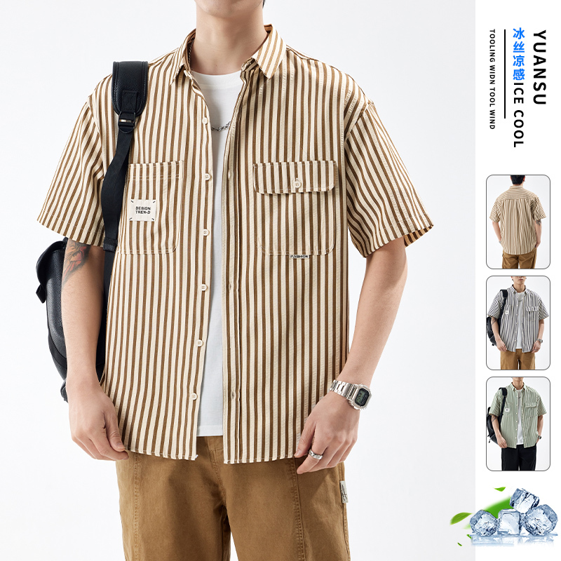 Summer Vertical Striped Seersucker Short-Sleeved Men's Work Shirt Japanese Style Simple Loose Fit Young Handsome Half-Sleeve Shirt