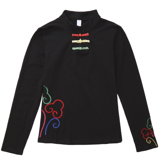 Autumn and winter Chinese style tops, ethnic style women's long-sleeved T-shirts, women's embroidered cotton disc button embroidered slim bottoming shirts