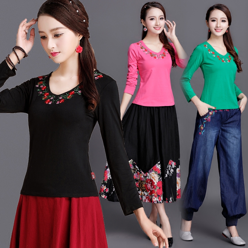 Ethnic Style Autumn and Winter Women's Clothing New Chinese Style Retro Top Embroidered Pure Cotton Long-Sleeved T-Shirt Women's Large Size Bottoming Shirt