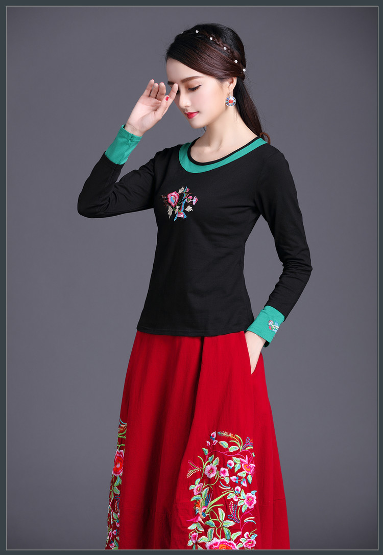 Phong cách quốc gia dài tay áo mùa xuân mới phong cách Trung Quốc thêu t-shirt Slim thêu kích thước lớn stretch đáy áo sơ mi nữ áo thun tay lỡ