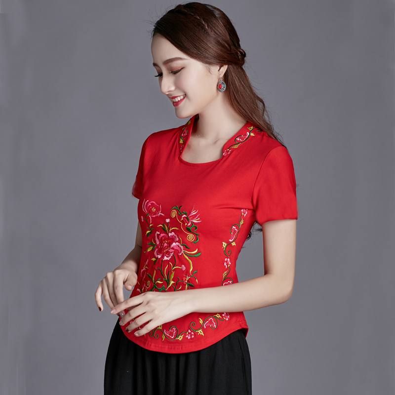 Áo sơ mi nữ phong cách quốc gia 2018 mùa thu mới kiểu Trung Quốc thêu áo thun dài tay nữ cỡ lớn cotton đáy áo quần suông ống rộng nữ