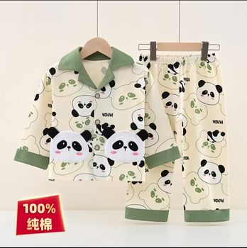 100% Pure Cotton Kidsren's Pajamas for Boys Spring and Autum Pure Cotton Long-Sleeved Medium and Large Kidsren's Cartoon Little Boy Home Clothes Set
