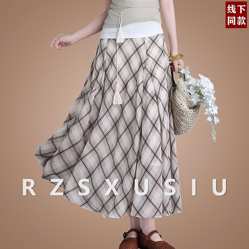 Rong Xu High-End Retro Plaid Skirt for Women 2026 New Summer Style Elegant Large Flared Umbrella Skirt Plaid Print Long Skirt