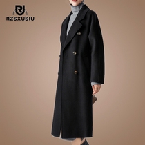 Double-sided cashmere coat for women mid-length high-end double-breasted Hepburn style black wool wool coat 101801