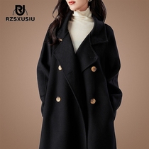 Double-sided cashmere coat womens new black high-end double-breasted loose mid-length temperament woolen coat