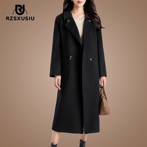 2024 New Black Double-sided Cashmere Coat Womens Mid-Length High-end Autumn and Winter Hepburn Style Woolen Coat