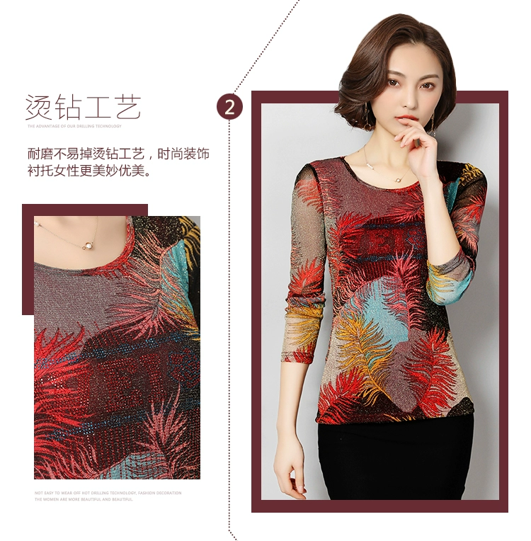 Áo mới mùa thu voan ren áo thun dài tay trên quần áo phụ nữ trẻ mẹ mẹ 30 đến 40 đến 50 tuổi mặc