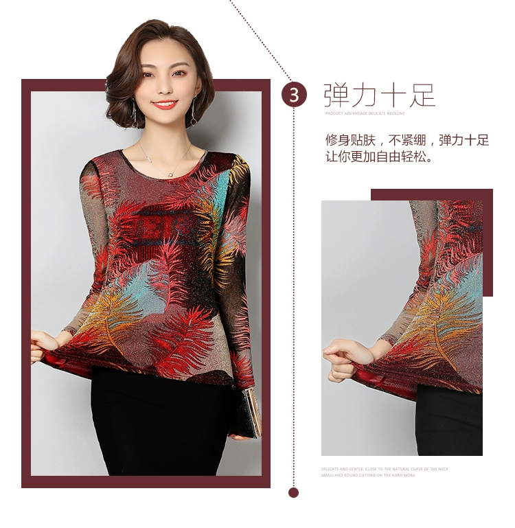 Áo mới mùa thu voan ren áo thun dài tay trên quần áo phụ nữ trẻ mẹ mẹ 30 đến 40 đến 50 tuổi mặc