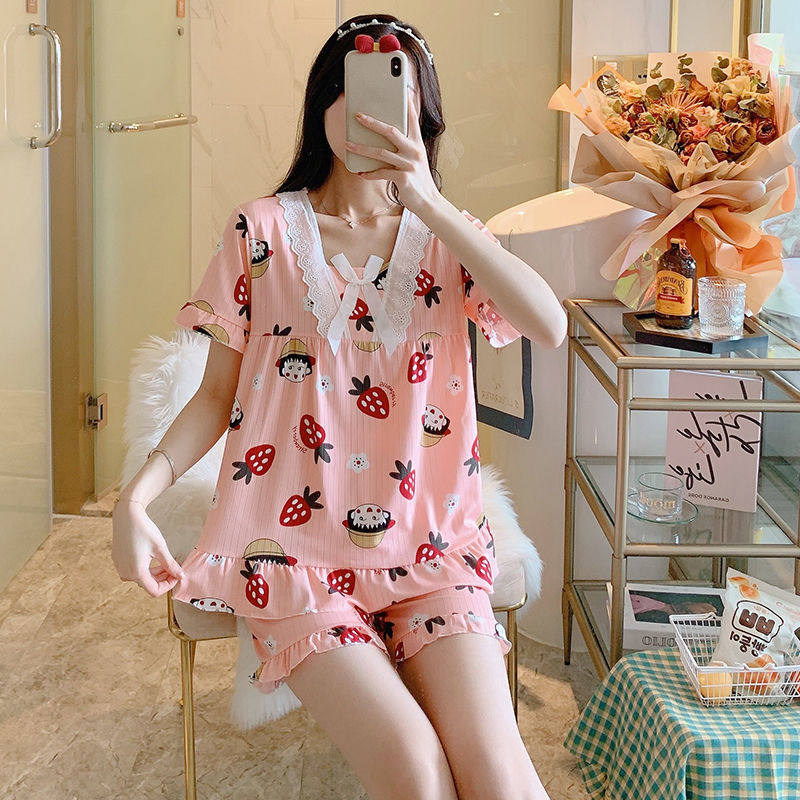 2021 women's summer new short-sleeved shorts Korean version sweet princess style student cute two-piece pajamas home clothes