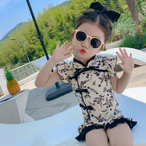 女童泳衣夏季2024新款女宝宝中式印花旗袍游泳衣网红女孩连体泳装