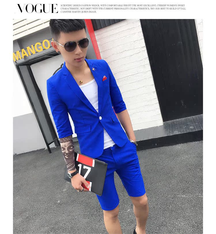 Bộ đồ vest nam mùa hè phiên bản Hàn Quốc của xu hướng tự tu luyện tay áo bảy điểm phù hợp với giới trẻ nước Anh quần chín điểm quần đũi nam