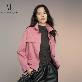 XG雪歌2025秋新款甜酷翻领风衣外套女短款抽绳上衣XK308006A318