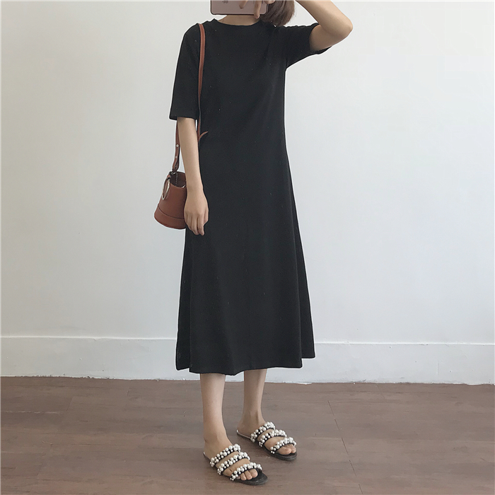 Muzi18 春  đơn giản và dễ dàng để mặc bông đầm dài  váy ngắn ba màu sắc vào đàn hồi eo mỏng một từ váy đầm dạ hội