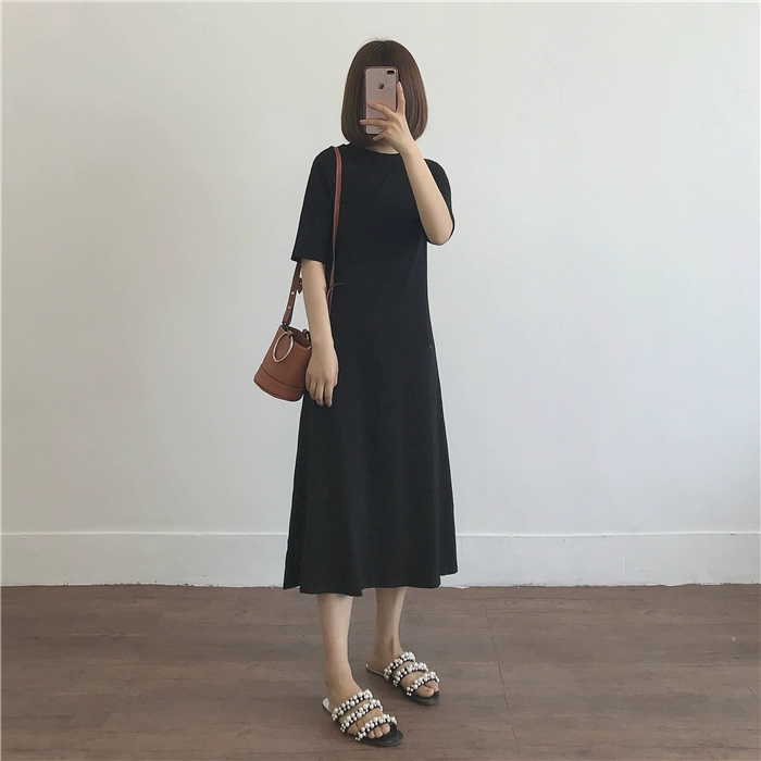 Muzi18 春  đơn giản và dễ dàng để mặc bông đầm dài  váy ngắn ba màu sắc vào đàn hồi eo mỏng một từ váy váy suông chữ a cho người béo
