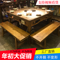 Hot pot table Commercial marble induction cooker one-piece custom antique table and chair combination Solid wood square table Gas retro