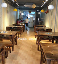 Hot pot table Commercial marble induction cooker one-piece custom antique table and chair combination Solid wood square table Gas retro