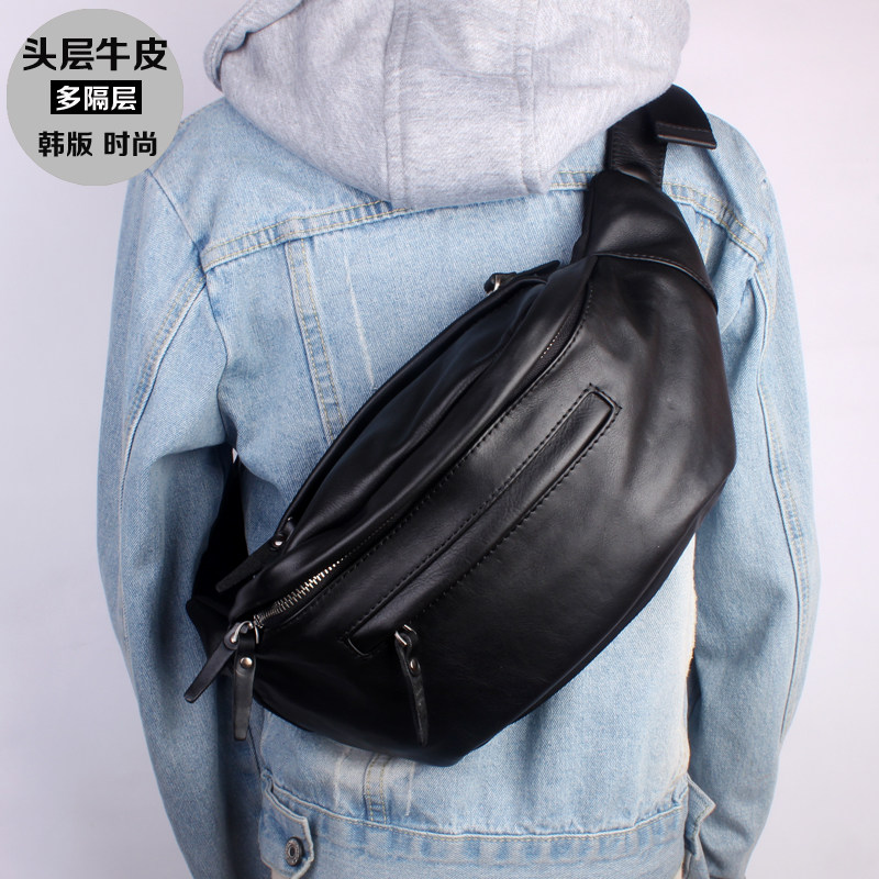 Korean version of pure leather men's chest bag retro Messenger small bag handmade leather waist bag soft leather multi-compartment outdoor cycling bag