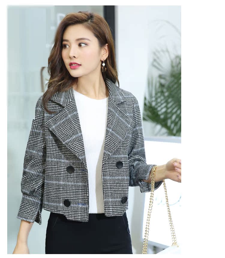 Gao Xuan set đồ len ngắn ngắn lông ngắn mùa thu khí chất thời trang kẻ sọc Hàn Quốc áo ngắn nữ áo cardigan nữ