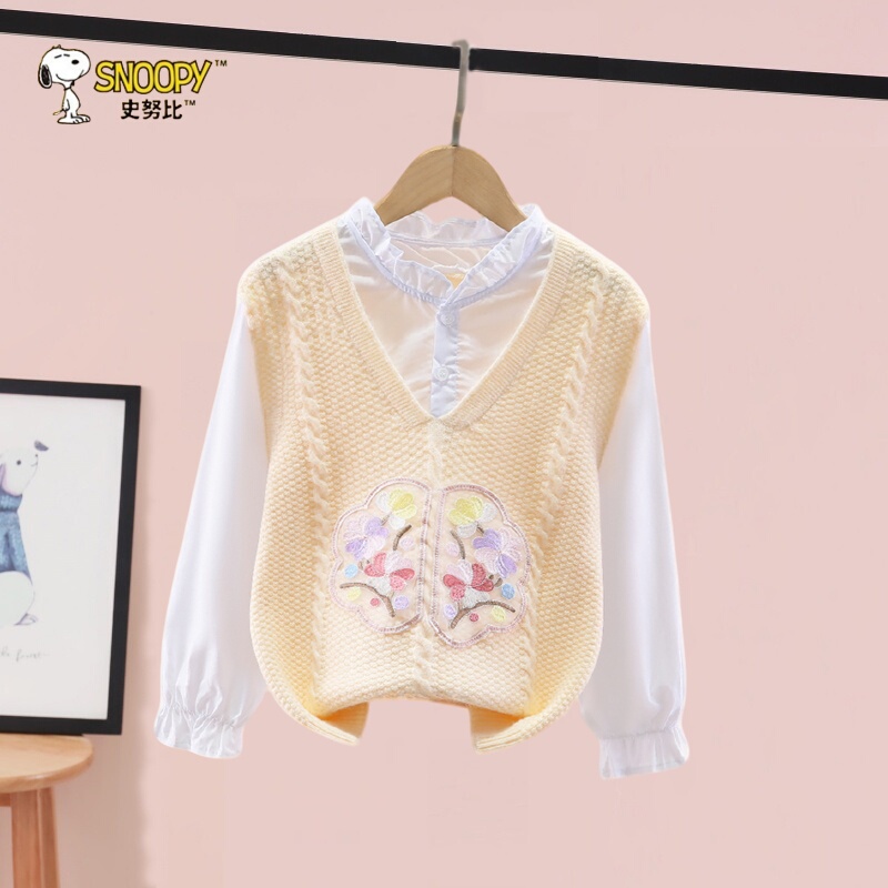 Snoopy Girls' Sweater, New Spring and Autumn Style, Children's National Style Fake Two-Piece Knitted Base Shirt, New Chinese Style Long-Sleeve Top Snoopy Girls' Sweater, New Spring and Autumn Style, Children's National Style Fake Two-Piece Knitted Base Shirt, New Chinese Style Long-Sleeve Top