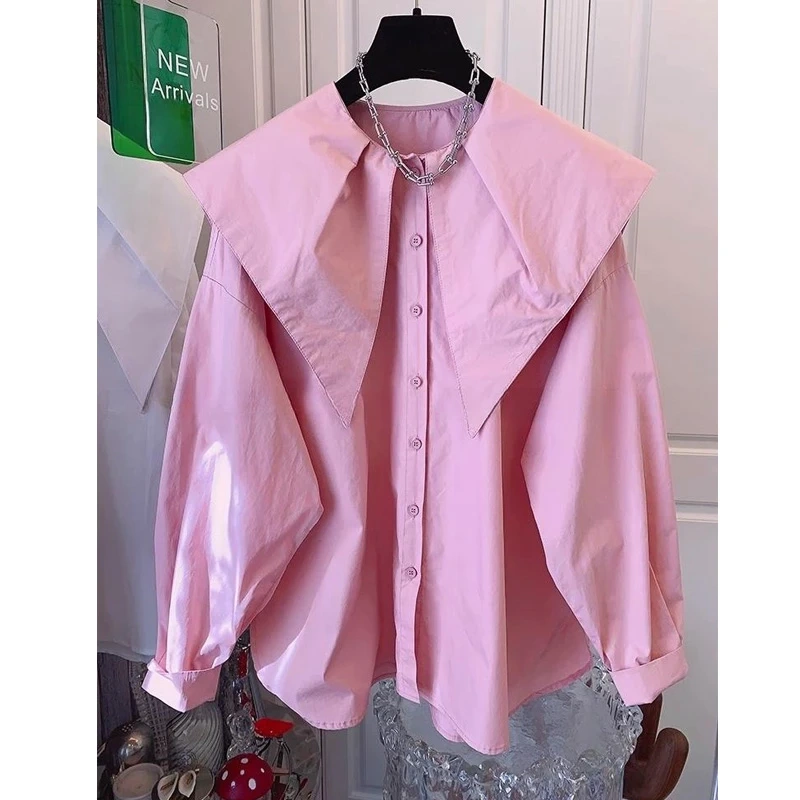 Extra Large Size 150kg Spring and Autumn Stylish Doll Collar Long-Sleeve Solid Color Shirt Unisex French Pointed Collar Niche Shirt