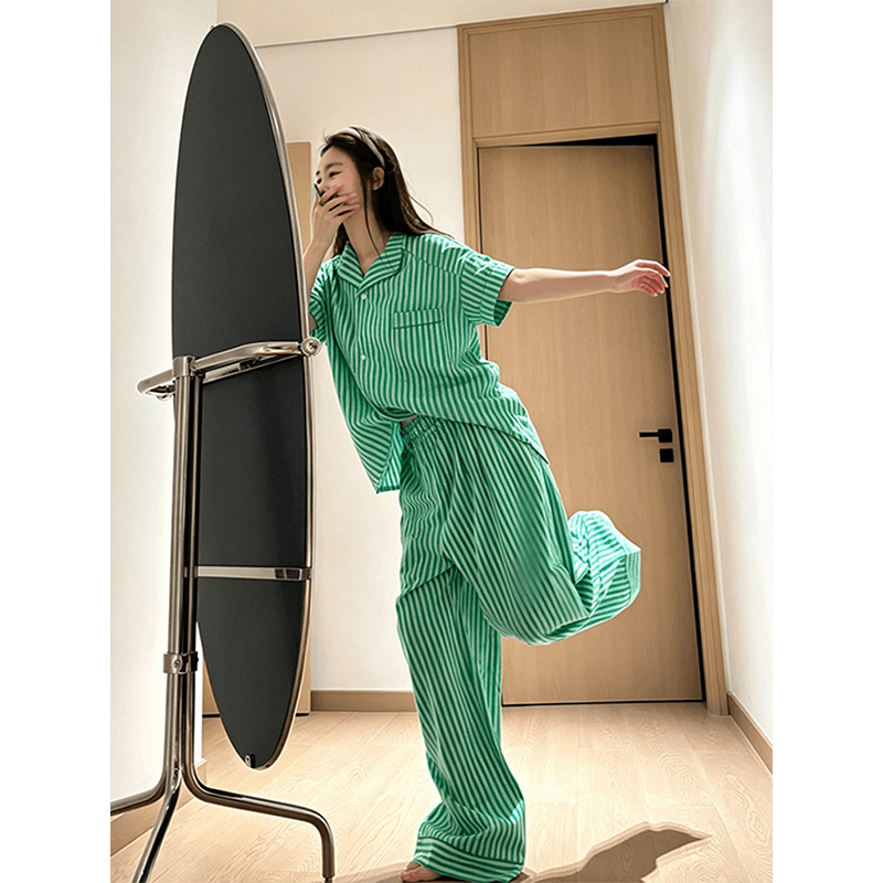 Korean Style Relaxed Striped Pajamas for Women, Summer 2026 New Loose and Comfortable Short-Sleeved Long Pants Home Wear Two-Piece Set