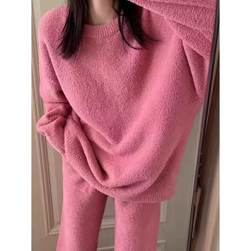 Casual and High-End Pure Color Knitted Half-Velvet Pajamas for Women 2026 Winter New Thickeneded and Warm Home Wear Set