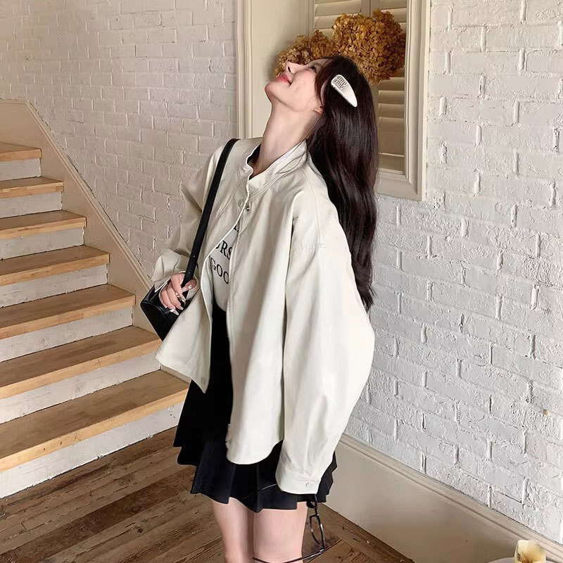 Off-White Trendy Pu Leather Jacket for Women, Short Style, 2024 Autumn New Model, High-End Versatile Casual Jacket