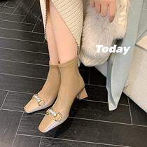 French elastic lean boots high and small square boots female and metal button big winter single boots 41 boots