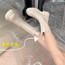 White cigarette boots womens short boots leather plus velvet Martin boots thick-soled Chelsea womens shoes mid-tube small height increase in autumn