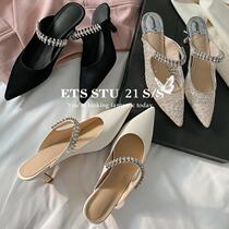 French 2022 spring pointed head rhinestone word with Baotou half drag Muller shoes single shoes high heels jc fairy wind stiletto