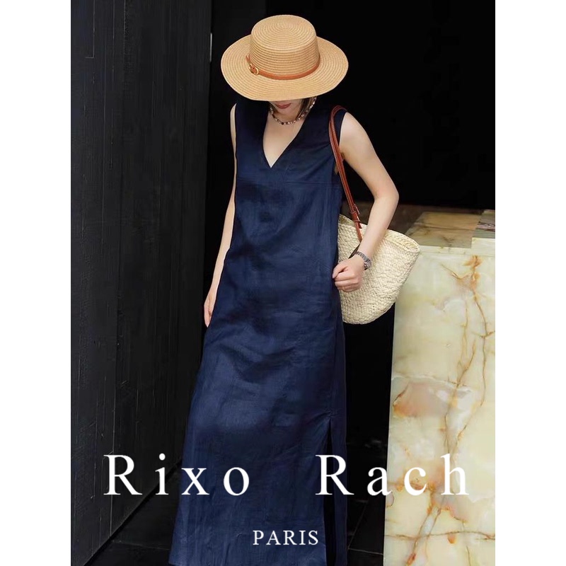 Rixo Rach French Linen V-Neck Navy Blue Dress Summer Women's New Style with Slit at the Bottom Slimming Tank Top Long Dress