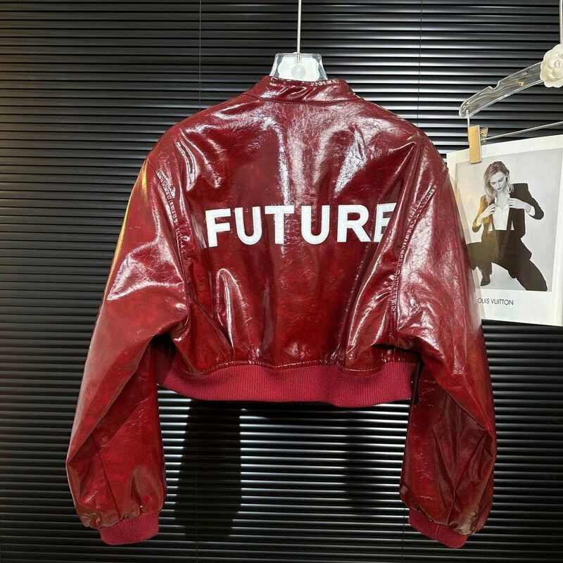 Hot Girl Exclusive Cherry Red Brightening Patent Leather Personalized Letter Design Pu Leather Jacket Women's Spring and Summer Baseball Jacket