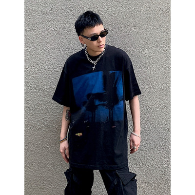 A11SLAVE幻影夜景印花短半袖男女圆领宽松黑色高街潮牌情侣款T恤