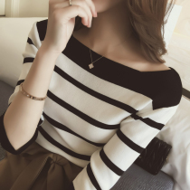 Counter 2021 new collar knitwear women's spring ice silk bottoming shirt black and white striped T-shirt long sleeve jacket
