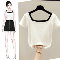 2021 summer new shoulder short T-shirt women short sleeve Korean slim high waist design sweet coat ins