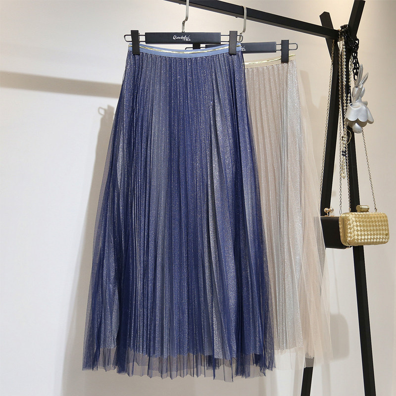 2021 Spring new half-body dress Women's medium long version Gradual Layer color 100 Pleated Dress Korean Version Mesh Yarn Press Crumpled Fairy Skirt Tide