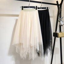Counter 2021 summer new mesh half fairy gauze skirt irregular Korean version of high waist long ins skirt