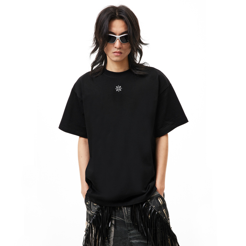 Gvbs Chinese Style Minimalist Totem Cross Diamond Niche Original Design Black Heavyweight Short-Sleeve T-Shirt for Men and Women Summer